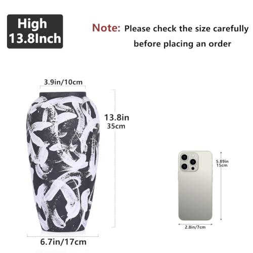 Rustic Ceramic Vase 13.8", Large Black Ceramic Vase with White Abstract Pattern, Matte Tall Floor Vase for Living Room Entryway Kitchen, Black Vases for Centerpieces, Water Friendly Decor - color: Black and White, size: 13.8in