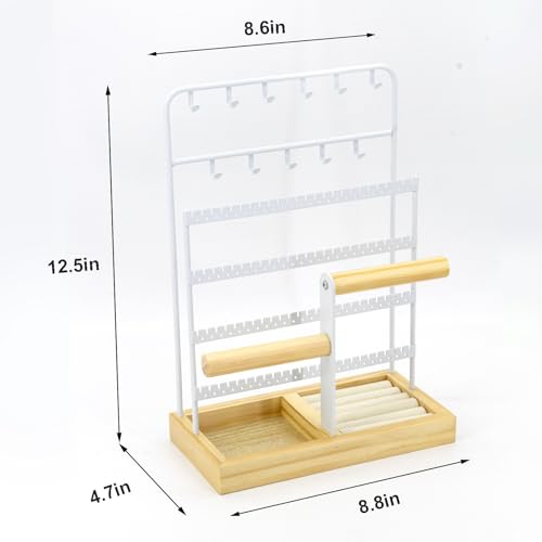 Jewelry Holder Organizer Stand 4-Tier Necklace Stand Earring Holder with Wooden Tray, Jewelry Rack for Bracelets Watches and Rings Display Stand, Gifts for Women & Girls-White - color: Tray&White