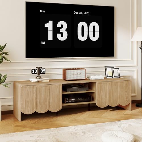 Modern 63" TV Stand, Wood Entertainment Center with Sliding Doors, Media Console for TVs Up to 70", TV Stand for Living Room, Natural - color: Natural