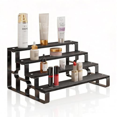 4 Tier Perfume Organizer for Men, Cologne Organizer Stand,Display Shelf Stands for Dresser,Wooden Shelf Display Risers for Party,Makeup,Figures,Cupcake,Dessert (Black, 4 Tiers-Width=14") - color: Black, size: 4 Tiers-width=14"