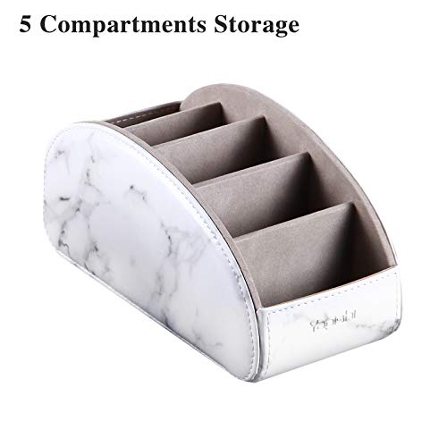 All-in-One Leather White TV Remote Holder with 5 Compartments Nightstand Desktop Media Player Remote Caddy Storage Box Organizer Tray for Mobile Phone Office Stationery - color: Marble White, size: Large