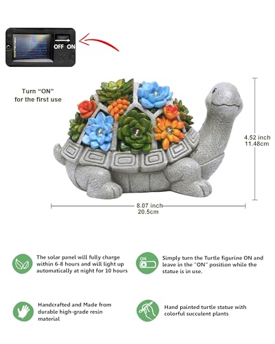 Nacome Solar Garden Outdoor Statues Turtle with Succulent and 7 LED Lights - Lawn Decor Statue for Patio, Balcony, Yard Ornament - Gifts for Mom Grandma Women - color: Grey Turtle