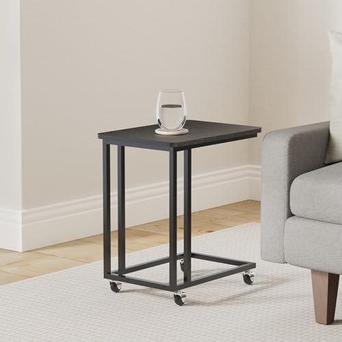 VASAGLE End Table, C Shaped TV Tray with Metal Frame Rolling Casters for Coffee Laptop Mobile Tablet, Industrial Side Table for Living Room Bedroom, 19.7 x 13.8 x 23.6 Inches, Ebony Black, ULNT050B56 - color: Ebony Black
