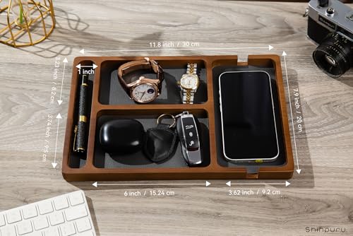 Shinpuru Wooden Valet Tray for Men, Nightstand Organizer with Leather Inlay, EDC Essentials Catchall Tray for Keys, Phone, Wallet, Watch, Earbuds - Bedside Desk Entryway Tray (Wood-Pen) - color: Brown-P