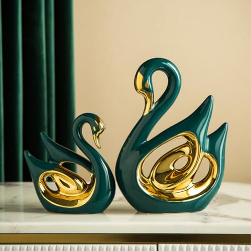 Ceramic Statue,2 Pieces Swan Sculpture Decor,Creative Ceramic Decorative,Crafts Ornaments Home Decor,Memorial Gift for Parents, Suitable for Shelf, Bookself, TV Stand Decor. - color: Green Gold Swan