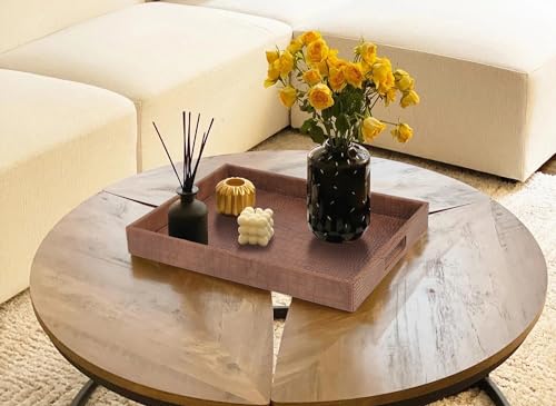 HofferRuffer Rectangle Serving Tray with Hole Handles for Coffee Table, Breakfast, Tea, Food, Butler - Countertop, Kitchen, Vanity Serve Tray, 16.2 x 12.2 x 2 inches, Faux Leather (Antique Brown) - color: Antique Brown, size: 16.2" x 12.2" x 2"