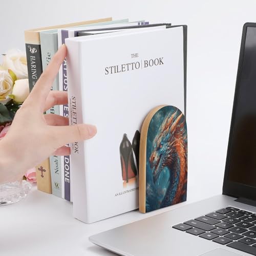 Dragon Art Bookend Wood Book End for Shelves Heavy Duty Non-Slip Wooden Bookend Support Universal Economy Bookends Fancy Modern Decorative Book Accessories 1 Pairs
