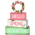 Spring Decoration Wooden Tiered Tray Decor – Rustic Hello Spring Bloom Time Stacked Block Sign with Floral Wreath Topper – Farmhouse Tabletop Spring Decor for Living Room Shelf Kitchen Coffee Bar Entryway Seasonal Home Display - style: Wreath
