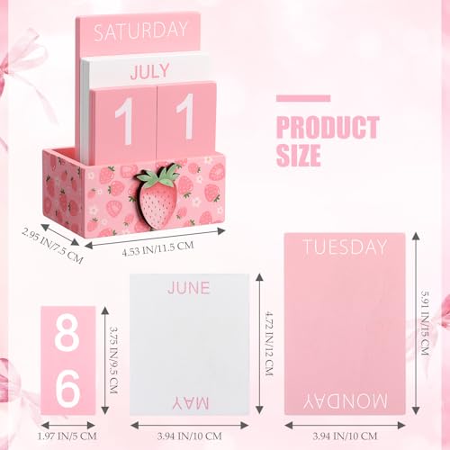 AceOrbit Pink Strawberry Wood Block Perpetual Calendar Coquettish Desk Decor Cute Month Week Date Display Decorative Block Calendar for Women Office Home Desk Gift for Women - style: Pink Strawberry