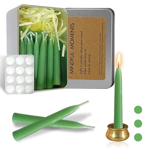 Mini Taper Candle Meditation Candles,20 Minute Prayer Green Candlestick Dripless Beeswax Candles with Brass Candle Holder for Yoga & Spiritual Ritual,30P-Gr - color: MCBEE30PC-GREEN