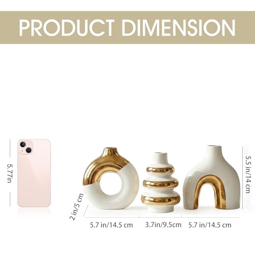 Modern Ceramic Decorative Vase Set of 3 – Minimalist Sculptural Vases for Living Room, Shelf & Table Decor, Nordic Donut Vase Set for Contemporary Home Decor (White and Gold) - color: White and Gold