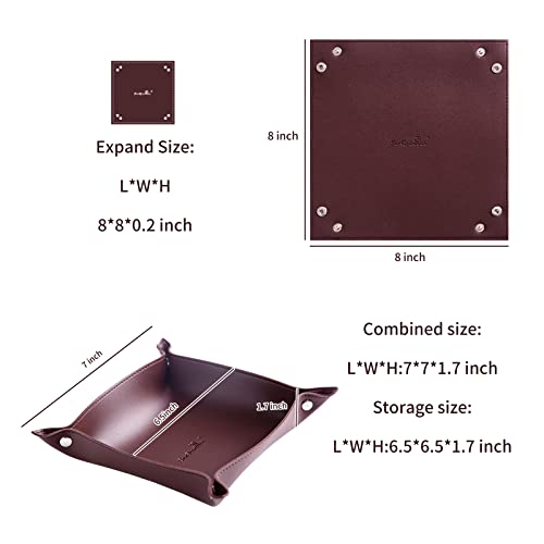 SANQIANWAN Leather Jewelry Valet Tray for Women and Man, Portable Entryway Table Tray Bedside Nightstand Desk Tray Small Catchall Travel Dish Plate for Key,Wallet,Watch,Coin(8x8, Deep Brown-B) - color: Deep Brown-b, size: 8×8