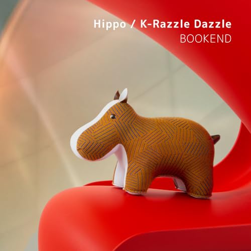 Zuny Artist Edition Hippo Bookend – Kvadrat Razzle Dazzle, Ecofriendly Handmade Leather Single Book Stopper, Decorative Home Decor for Bookshelf Desk, Tan White, 11 x 4.3 x 7.4 - color: Hippo K-razzle Dazzle