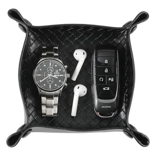 KINIVA 2 Pack PU Leather Jewelry Valet Tray for Men Women,Small Key Bowl for Entryway Table,Portable Travel Catchall Dice Tray (Square-Black-2pcs) - style: Square-Black-2pcs