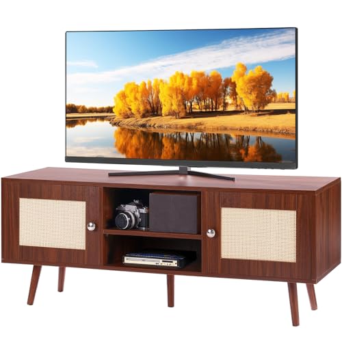 VEVOR Rattan TV Stand, Boho TV Cabinet for 55 inch TV, Mid Century Modern TV Stand, Rattan TV Console with Adjustable Shelfs for Living Room, Media Room, Walnut - color: Walnut, size: for 55" TVs