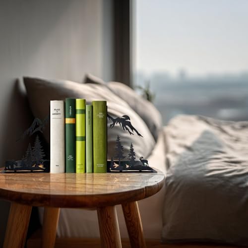 Mountain Forest Book Ends Decorative for Shelves, Cute Metal Bookends for Heavy Books, Unique Laser Cut Book Holders, Black Book Stopper for Home Office, Decorative Bookends for Shelf Decor - color: Forest