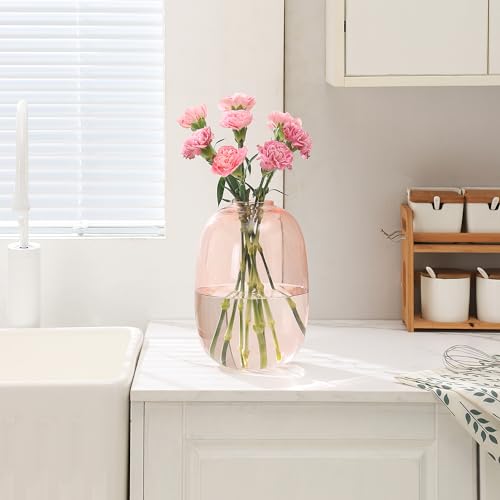 Pink Glass Vase, 10 Inches Large Glass Vase for Flowers, Tall Glass Vases for Modern Decor, Floor Vases for Living Room, Dining Table, Mantle, Shelf, Wedding, Office, Entryway, Centerpiece - color: Pink
