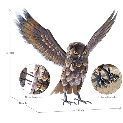 Natelf Garden Owl Sculptures & Statues, Standing Metal Bird Yard Art Sculpture for Patio Backyard Pond Outdoor Decorations - color: Brown