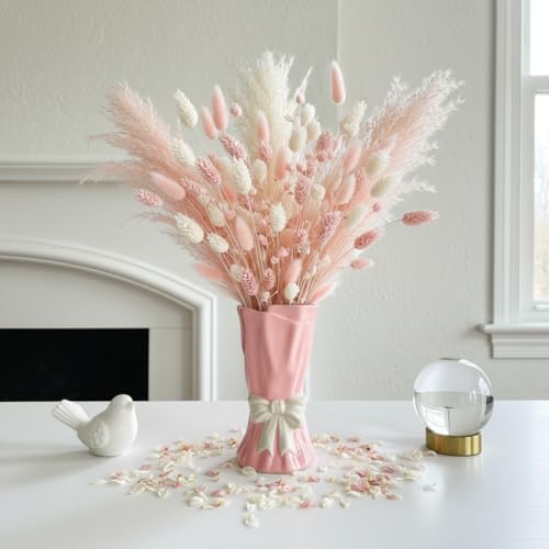 Pink Bow Vase, Hot Pink Flower Vase for Home Decor, Ceramic Vases for Boho Style, Small Cute Vases for Ideal Shelf Decor/Table/Living Room. (Pink 6, Large) - color: Pink 6