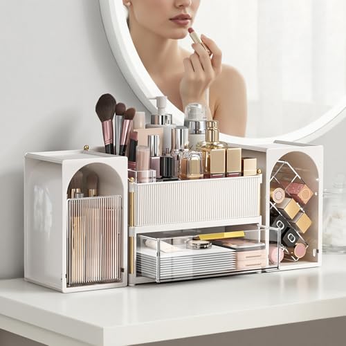 INVSSENE Stackable Makeup Organizer Countertop, Storage Perfume Skincare Cosmetic Lipstick Face Mask Makeup Brush Palettes, Ideal for Vanity Bathroom Counter - color: 3516 White+Clear