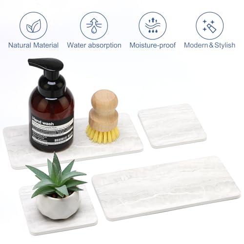 4 Pack Water Absorbing Stone Drying Tray for Bathroom Sink Trays Kitchen Counter Diatomite Stone Quick Dry Diatomaceous Earth Mat for Sink Kitchen Soap Trays Ceramic Marble Bathroom Vanity Tray - color: Marble Light Gray