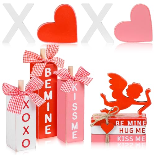 Vercraft 11 Pcs Valentine's Day Table Decorations XOXO Tiered Tray Decor Love Centerpiece Pink Wooden Books Home Table Top Decor for Wedding Party Supplies - style: Xoxo
