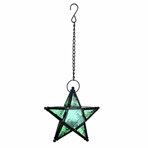 Morocco Metal Star Glass Lantern Wall Hanging Candle Holder for Decorative Wedding Party Home Decoration Birthday Party (Green) - color: Green