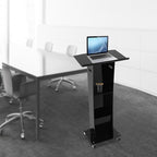 Acrylic Podium Stand with Wheels, 48.42 Inches Speaking Lectern Stand Portable Black Podium Lectern with 23.62 x 17.32 Inches Sloping Tabletop Capacity 33.07lbs for Schools, Churches - color: Black(acrylic)