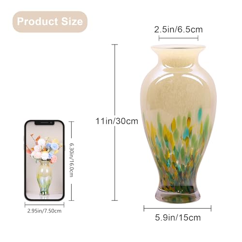 Hand Blown Glass Vase 11.8" Tall Beautiful Green Sea Wide Mouth Bud Vase for Table Centerpiece, Painted Colorful Murano Glass Flower Vases for - Home Entrance Wedding Center - color: Green