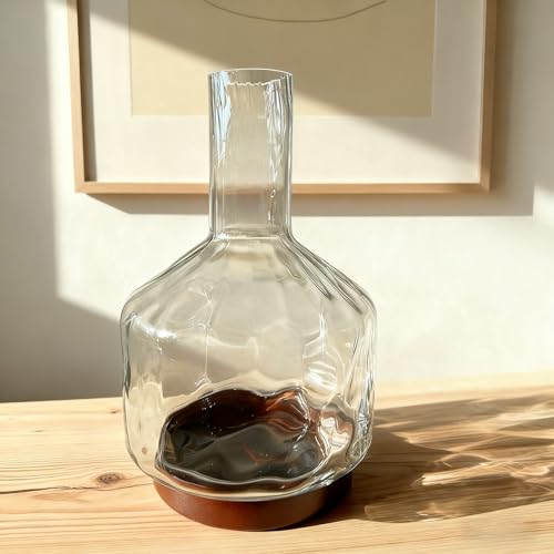 Clear Glass Vase Flower, Rippled Flower Vases with Wooden Base, 10-inch Modern Round Vases, Suitable for Living Room, Dining Room... (10in) - size: 10in