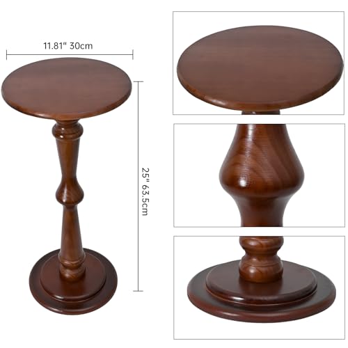 SwallowLiving Small Drink Table, Brown Wooden Round Side Table, Narrow Modern End Table with Pedestal Stand for Small Spaces, Beside Sofa Couch & Office, Tall Plant Display Stand, 12" W x 25" H - color: Brown Hourglass