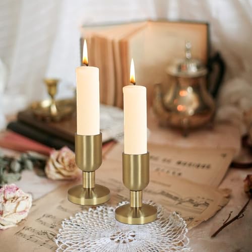 SHOHAYTO Vintage Gold Taper Candle Holders Set of 4, Gold Candle Stick Holders for Dining Table, Wedding Centerpiece, or Festive Mantel Decor - color: Brass