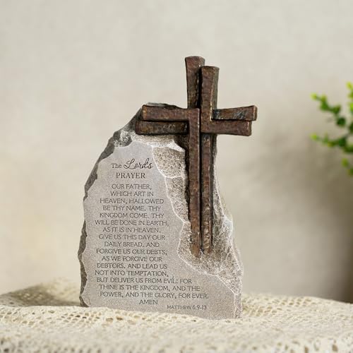 The Lord's Prayer Stone Decor with Bronze Color Cross, 9.4 inches, Religious Table Decoration for Home Office - color: Gray