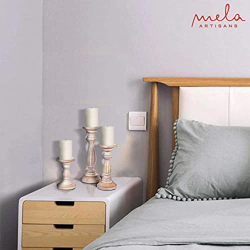 Mela Artisans Whitewashed Hand Carved Wooden Pillar Candle Holders - Set of 3 | Hana Decorative Style | Crafted from Mango Wood | Rustic Table Centerpiece Decor | Sized 6", 9" and 12" - color: Whitewash 2