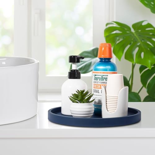 Silicone Bathroom Tray Round Vanity Tray Decorative Soap Holder Kitchen Countertop Organizer Coffee Table Decor for Candle, Perfume, Plant, 10 Inch, Dark Blue - color: Dark Blue, size: 10"