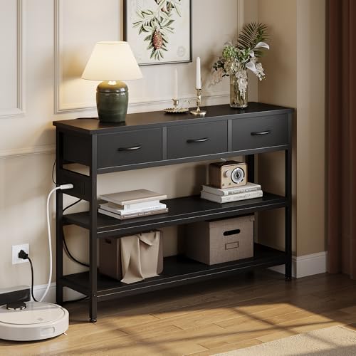 Lulive Entryway Table with Power Outlets, Console Table with 3 Fabric Drawers, Sofa Table for Living Room, Hallway, Couch, Foyer, Height Adjustable (Black, 43") - color: Black, size: 1-Pack 43 inches