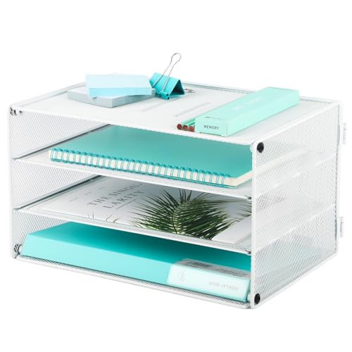 EASEPRES 3 Tier Mesh Desk Organizer Tray, Desktop Mail File Paper Letter Folder Holder Sorter Organization Rack Storage Accessories for Office Home School Classroom, White - color: 3 Tier White