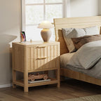 Huuger 27.6 Inch Tall Night Stands with Charger Station, USB-C Port, Fluted Nightstand Set of 2, Larger Wider Bed Side Table with 2 Deep Drawers, Open Shelf, Bedroom Living Room End Table, Natural