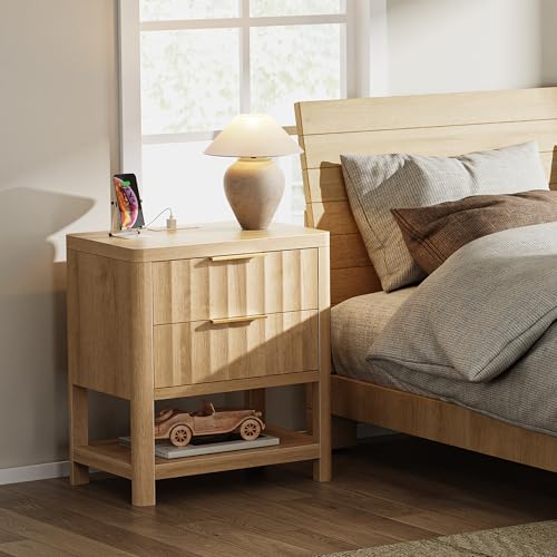 Huuger 27.6 Inch Tall Night Stands with Charger Station, USB-C Port, Fluted Nightstand Set of 2, Larger Wider Bed Side Table with 2 Deep Drawers, Open Shelf, Bedroom Living Room End Table, Natural