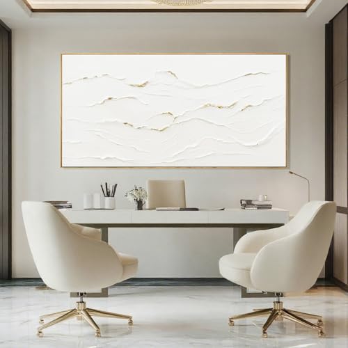 WINKAILIN Minimalist White and Gold Line Artwork with Frame Hand Painted Abstract Canvas Wave Wall Art for Bedroom Living Room Office 24"x48" - color: White and Gold, size: 48"L x 24"W