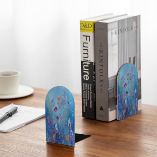 Wood Book Ends for Shelves Wildflowers On Blue Floral Art Bookends for Heavy Books CDs Organizer Decorative Wooden Book Stopper Holders for Home Office Desk,5.1x3.1x4in,Set of 2 - size: 5.1x3.1x4in