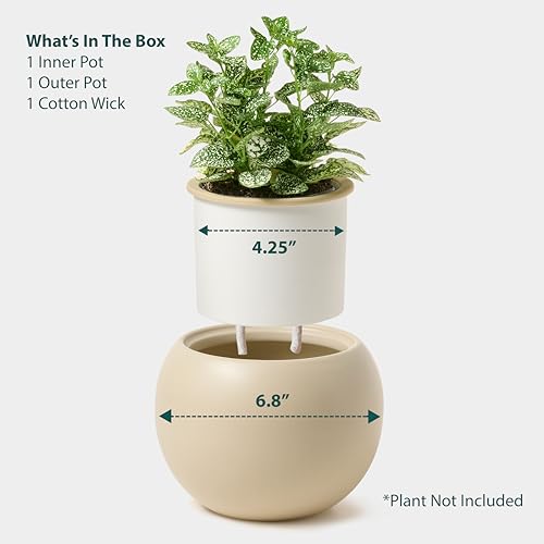 Ceramic Self Watering Plant Pot | 6.8 Inch Pot with 4.5 Inch Inner Pot for Small Plants | Ivory Pot for Indoor Plants | Round Self Watering Planter | Bottom Watering Pots for Indoor Plants