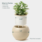 Ceramic Self Watering Plant Pot | 6.8 Inch Pot with 4.5 Inch Inner Pot for Small Plants | Ivory Pot for Indoor Plants | Round Self Watering Planter | Bottom Watering Pots for Indoor Plants