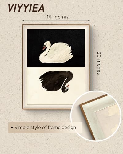 VIYYIEA Framed Wall Art for Living Room, Swan Canvas Prints, Vintage Home Decor, Animals Painting Picture, Bathroom Wall Decor Gifts for Friends or Family - 20L x 16W - color: Animals-【Black and White】, size: 20"L x 16"W