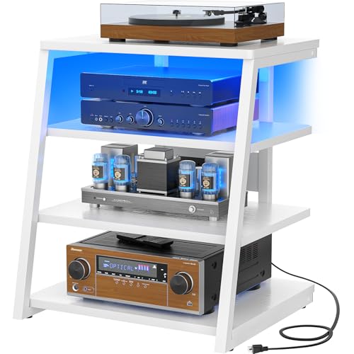 Armocity 4-Tier AV Media Stand with Power Strips, Stereo Stand with LED Lights, Audio Tower Rack with Adjustable Shelves, Small Entertainment Center, 30'', White - color: White, size: 30" (H)