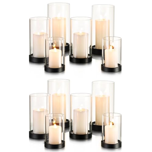 Hewory Hurricane Candle Holder for Pillar Candles: Black Votive Candle Holders Set of 12, Glass Hurricane with Metal Candle Plate, Pillar Candle Holder for Table Centerpiece Wedding Holiday Home Decor - color: Black, size: 12PCS