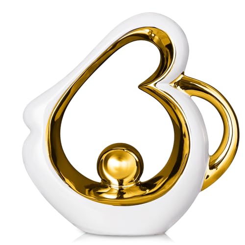 Gold Sculpture Coffee Table Decor, Dining Room Table Centerpieces, Ceramic Statue Abstract Sculptures Home Decorations, Modern Art Heart Shape Mantle Decor for Living Room - color: White and Gold 2