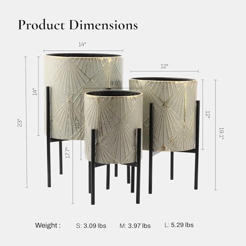 LuxenHome Planters for Indoor Plants, Set of 3 Floor Plants Pots with Stands, Modern Decorative Metal Flower Pots, Green Gray Cachepot Planters,10.5", 12", 14" Inch - color: Green Gray