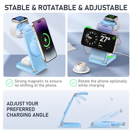 Magnetic Wireless Charger Stand, 3 in 1 Foldable Wireless Charging Station, Travel Charger for Multiple Devices for iPhone 16 15 14 13 12 Series, Apple Watch Ultra/SE/9/8/7/6/5/4/3/2, AirPods - color: Light Blue