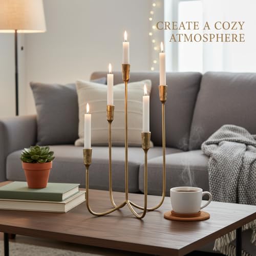 Candelabra for 5 Taper Candles – Hand-Forged Candle Holder with Elegant Vintage Finish – Decorative Centerpiece for Dining Room, Living Room or Mantel Decor（Brass Color-Straight） - color: Brass Color
